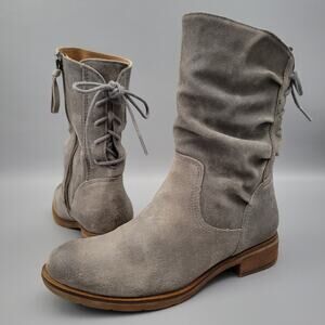 Sofft Sharnell Lace-up Boot Taupe Boho Slouch Side Zip Suede Leather Size 6